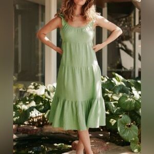 Marine Layer Jude Flutter Sleeve Tiered Gauze Midi Dress size Large Green